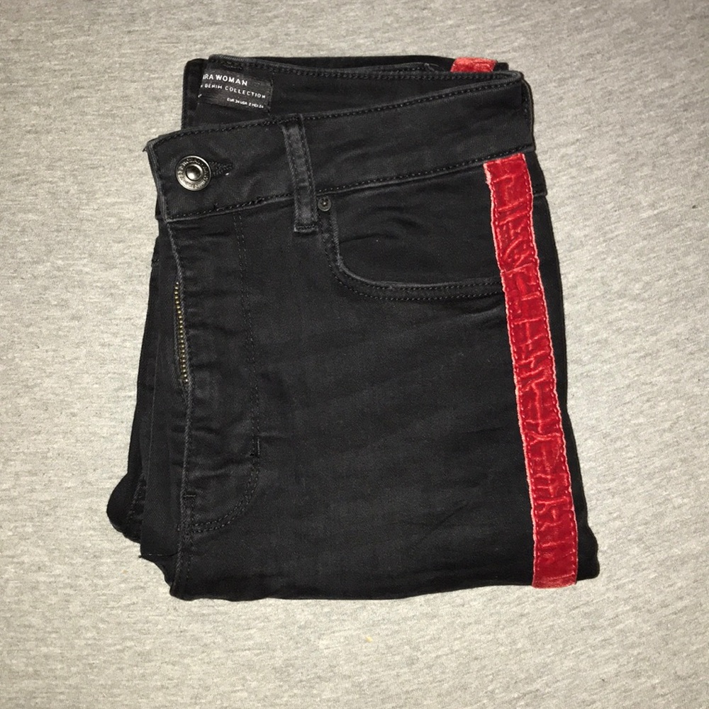 zara women’s black jeans with red side details